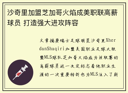 沙奇里加盟芝加哥火焰成美职联高薪球员 打造强大进攻阵容